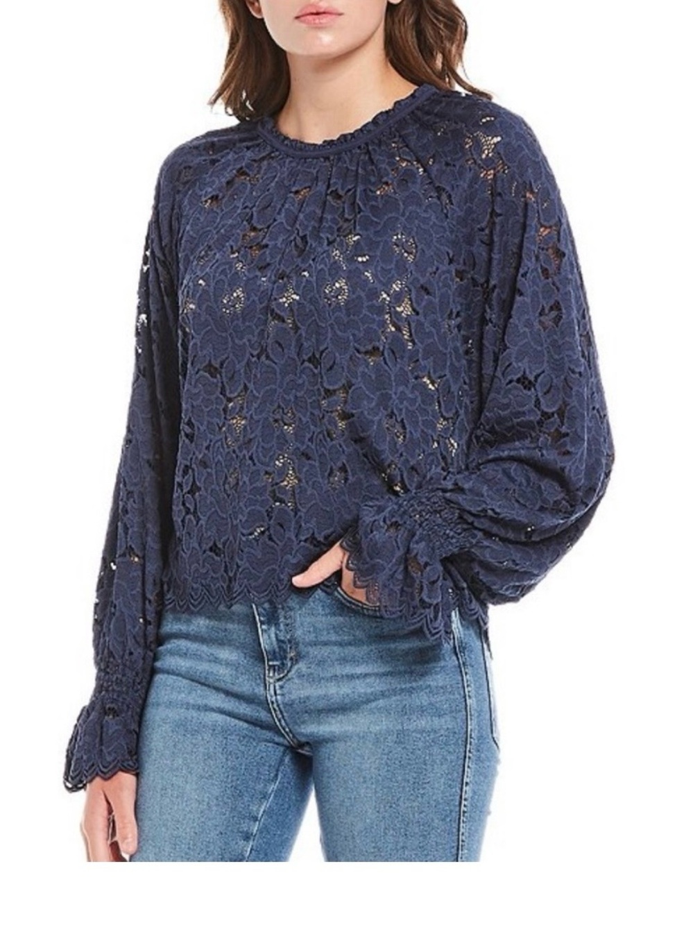 Free People Navy Blue Olivia Balloon Sleeve Lace Blouse Size Medium